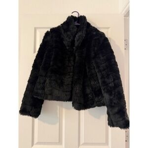 Bebe Black Faux Fur Cropped Jacket Coat‎ Stand Collar Large RN114542